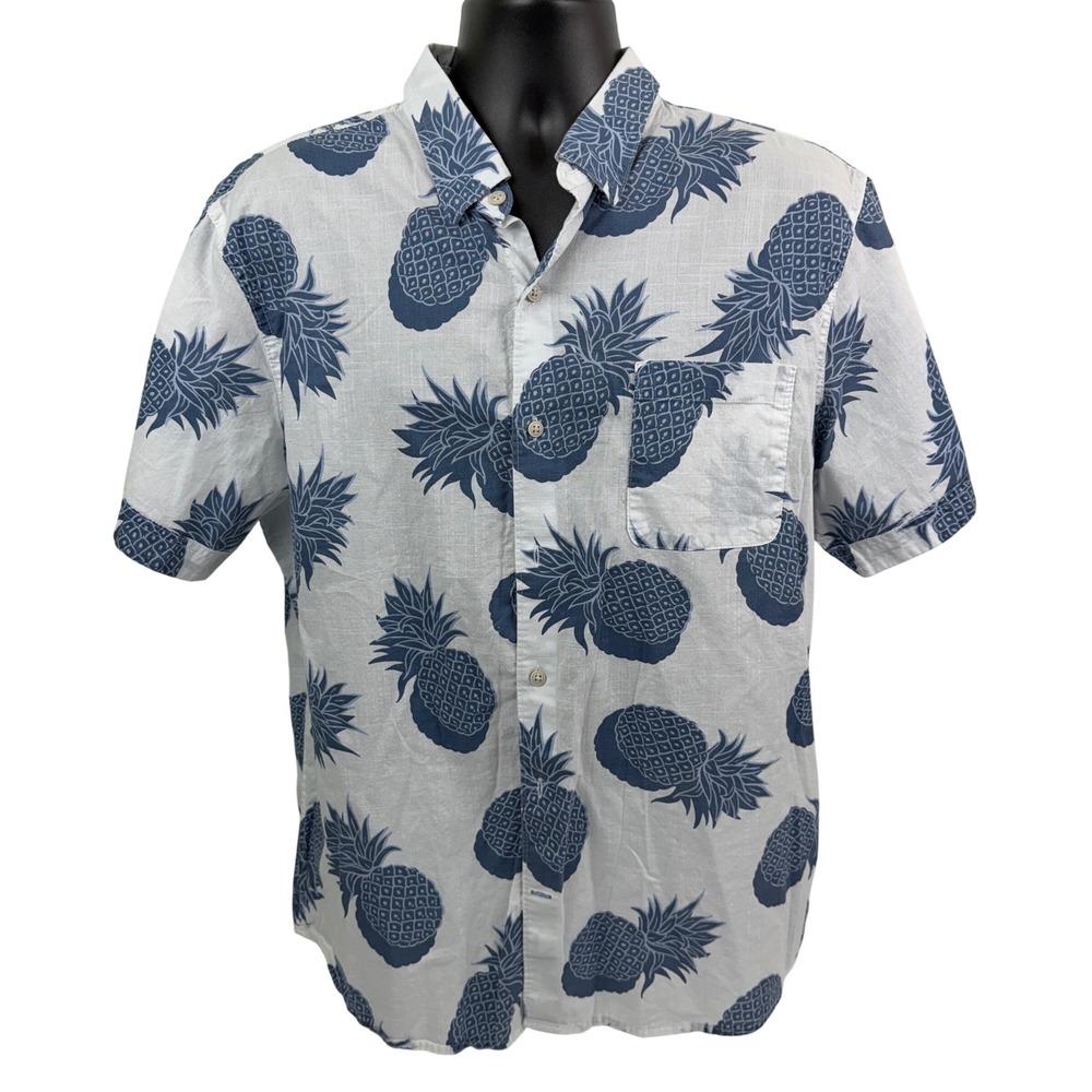 IZOD Saltwater Mens XL White Navy Blue Pineapple Print Short Sleeve Button Shirt